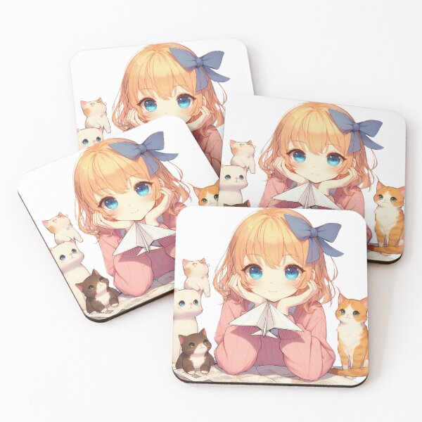Item preview, Anime blonde girl, Girl with 4 cute cats, girl with toy, floating, paper airplane. designed and sold by MigWhimsy.