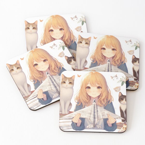 Item preview, Anime girl, blonde hair, girl with cats, girl with toy, paper airplane. designed and sold by MigWhimsy.