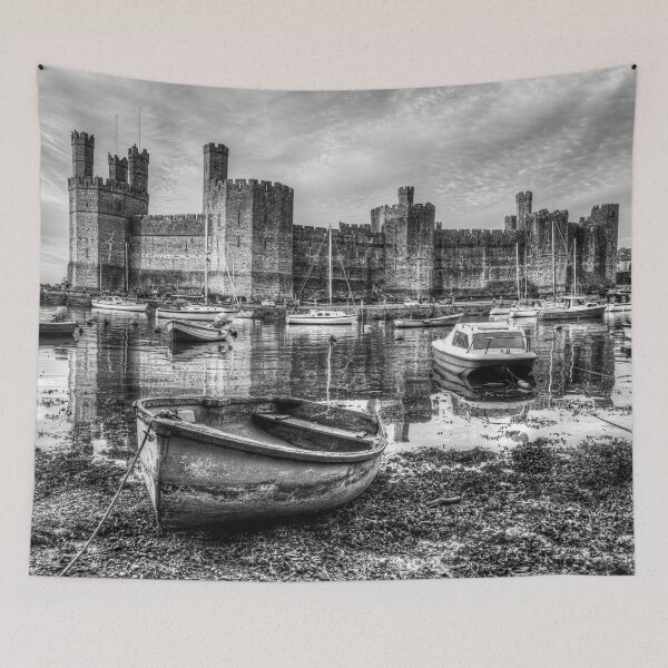 Item preview, Caernarfon Castle Glowing At Dusk, Black And White designed and sold by Paul Thompson Photography.