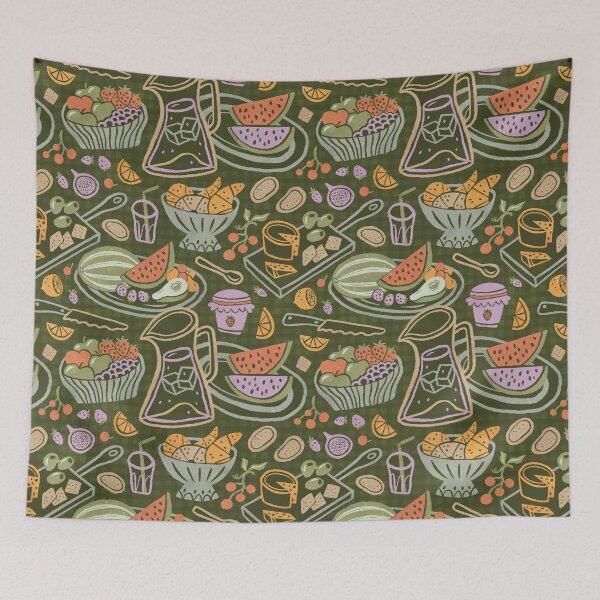 Item preview, Retro picnic pattern on dark green designed and sold by Miss-Belle.