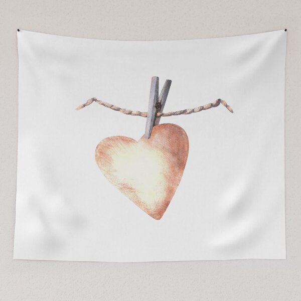 Item preview, Watercolor textile Heart on a clothespin hanging on a string, rope. Valentines Day design, Love symbol. Illustration designed and sold by BartolArt.
