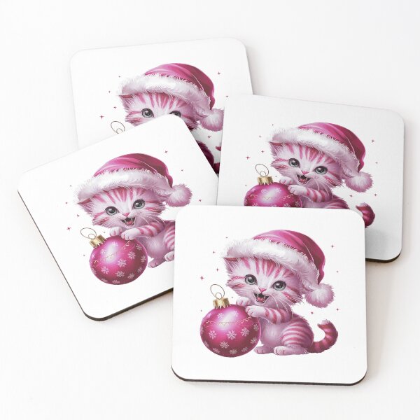 Item preview, Pink Christmas Kitty Playing With Ornament | White designed and sold by PinkGoddessLove.