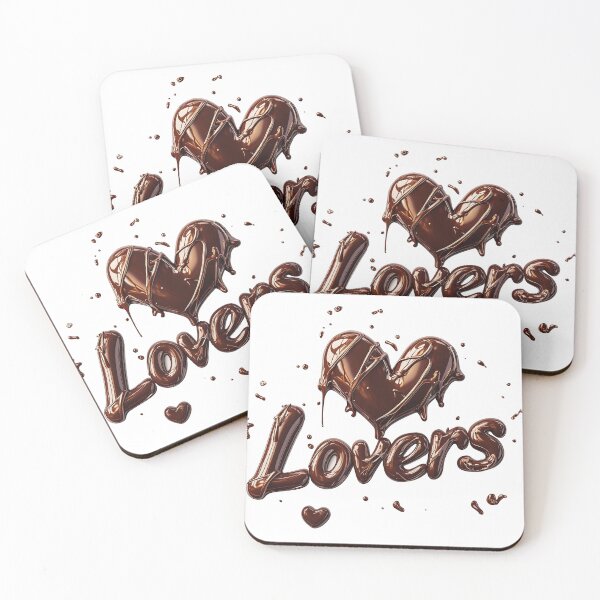 Item preview, word "Lovers" and a heart shape, both crafted from or covered in melted chocolate with dripping and splashing effects. designed and sold by ShopThousand.
