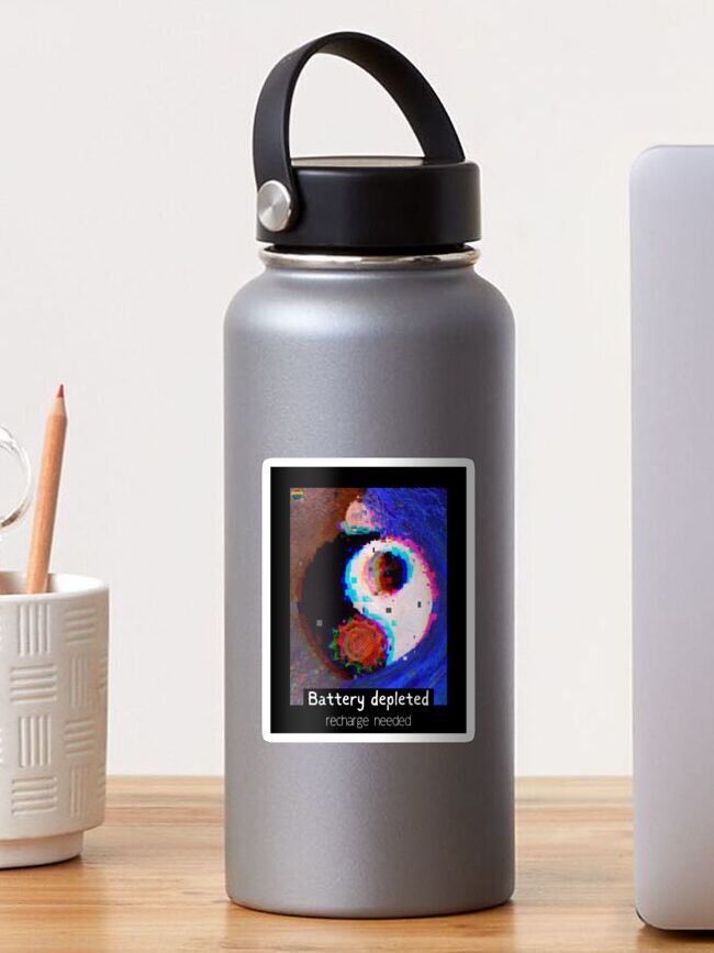 Thumbnail 1 of 3, Sticker, Battery depleted: recharge needed: hand painted oil pastel digitally altered designed and sold by adzik.
