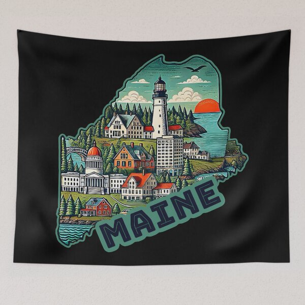 Item preview, Maine State Map USA Skyline and Landmarks Illustration- travel souvenir art designed and sold by Unitepeople.