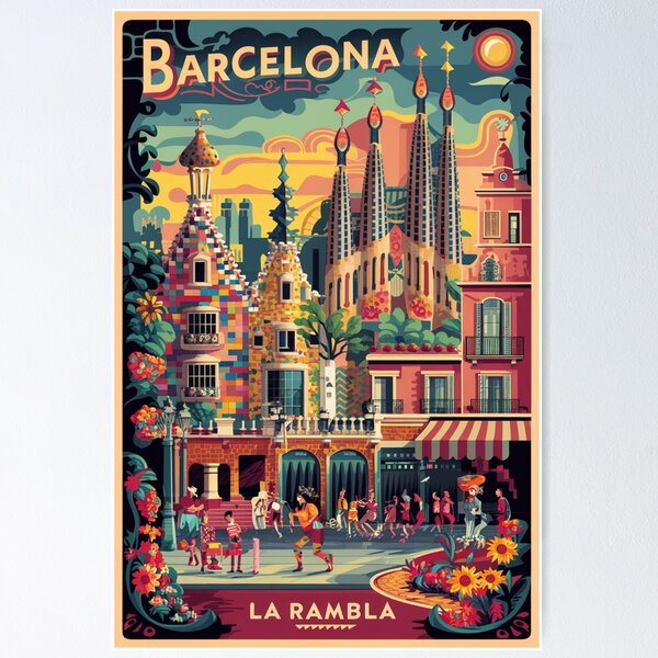 Vista previa del artículo con la obra «Cartel de viaje vintage de Barcelona», diseñado y vendido por TravelerRat.