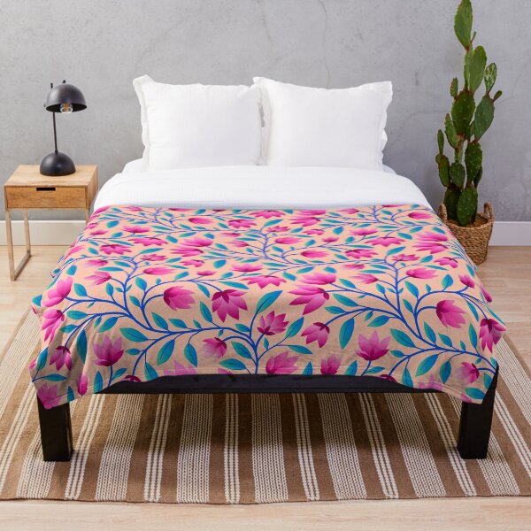Artikelvorschau, Blumenmuster mit rosa Blüten und blauen Blättern und Stielen entworfen und verkauft von LKL-Designs.