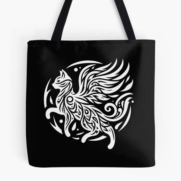 Item preview, Magical Flying Cat Tribal Graphic Tattoo Style White Lines designed and sold by twilightmagic.