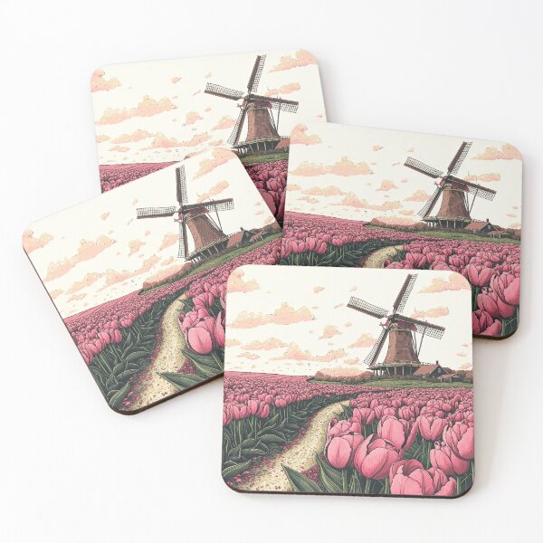 Item preview, Dutch Windmill and Pink Tulip Fields Illustration designed and sold by PaintbrushPlace.