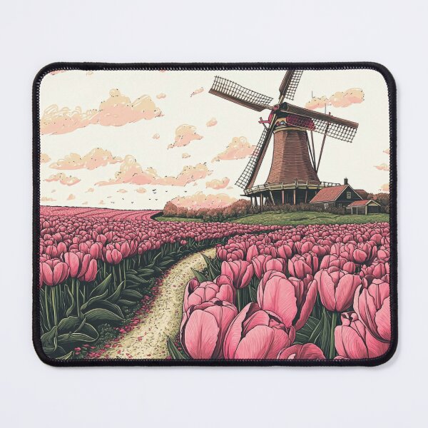 Item preview, Dutch Windmill and Pink Tulip Fields Illustration designed and sold by PaintbrushPlace.