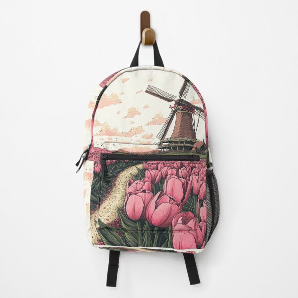 Item preview, Dutch Windmill and Pink Tulip Fields Illustration designed and sold by PaintbrushPlace.