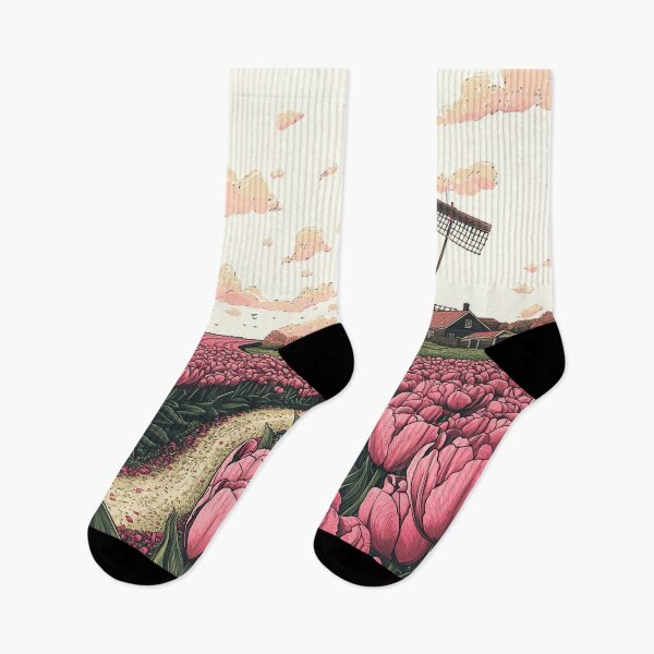 Item preview, Dutch Windmill and Pink Tulip Fields Illustration designed and sold by PaintbrushPlace.