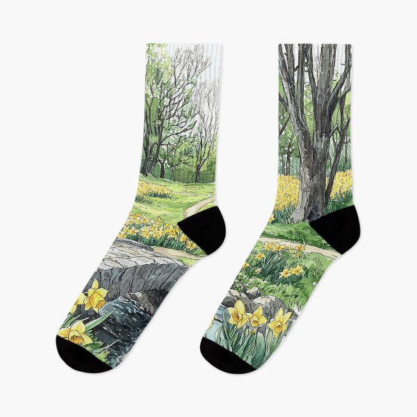 Item preview, Spring Daffodils and Stone Bridge Illustration designed and sold by PaintbrushPlace.
