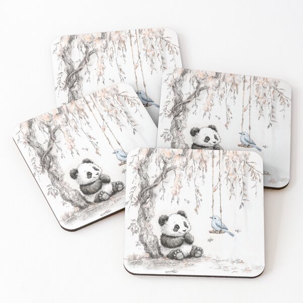 Item preview, Fluffy Panda Playing with Blue Bird Illustration designed and sold by PaintbrushPlace.
