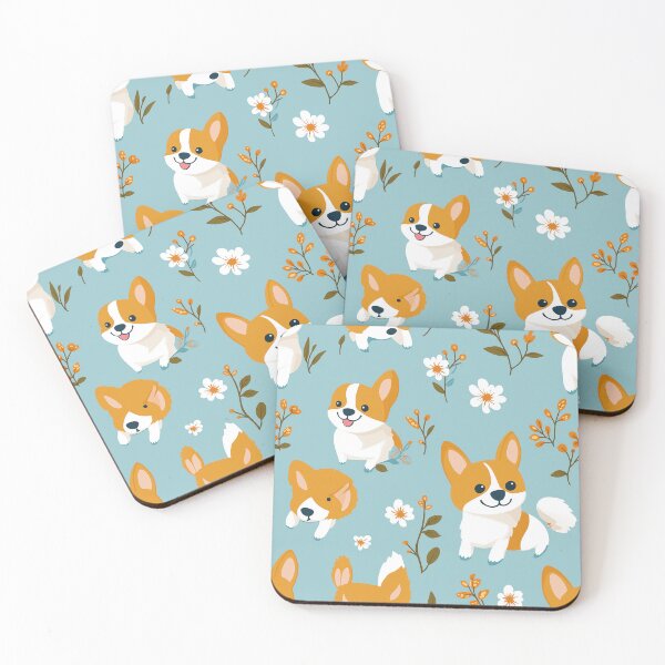 Item preview,  Cute Corgi Pattern with Flowers on Blue Background designed and sold by ColorfulStyle.