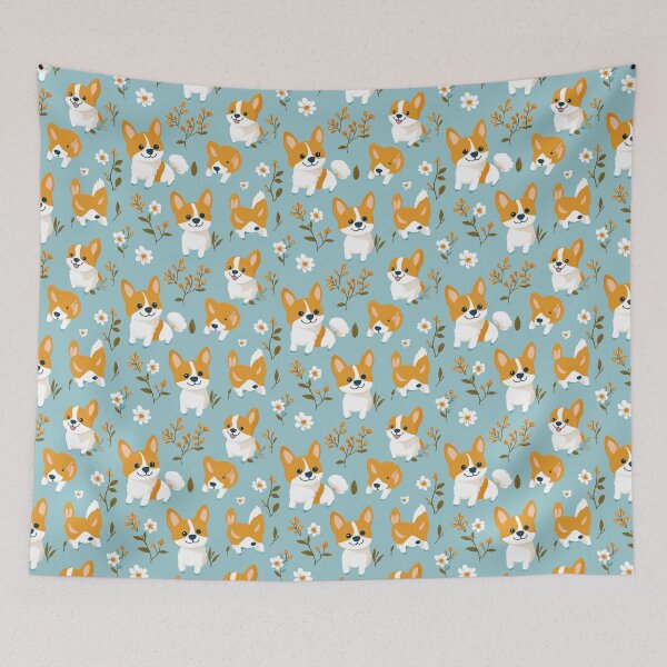 Item preview,  Cute Corgi Pattern with Flowers on Blue Background designed and sold by ColorfulStyle.