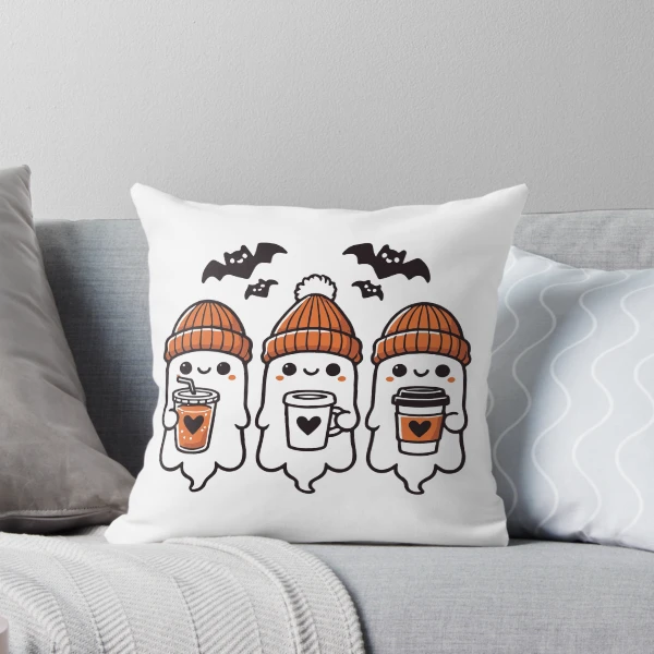 Cute Coffee Ghosts Halloween Collection — Throw Pillow by BiMood