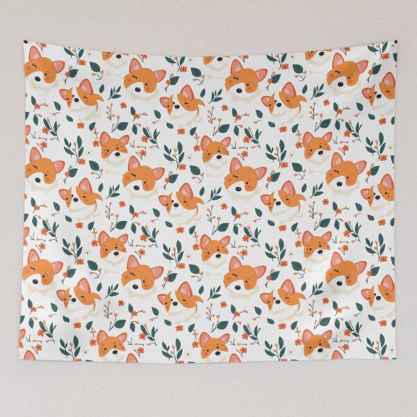 Item preview, Cute Corgi Faces with Flowers on White Background designed and sold by ColorfulStyle.