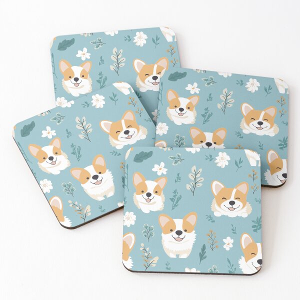 Item preview,  Cute Corgi Heads with Flowers on Blue Background designed and sold by ColorfulStyle.