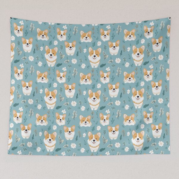 Item preview,  Cute Corgi Heads with Flowers on Blue Background designed and sold by ColorfulStyle.