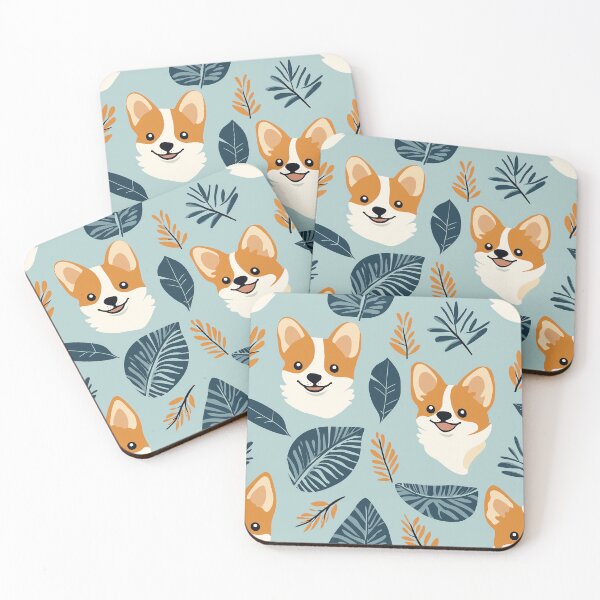 Item preview, Corgi Faces with Leaves on Blue Background designed and sold by ColorfulStyle.