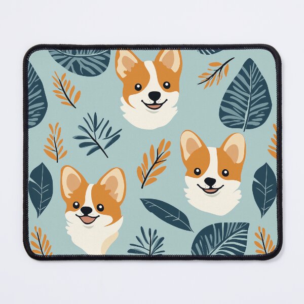 Artikelvorschau, Corgi-Gesichter mit Blättern auf blauem Hintergrund entworfen und verkauft von ColorfulStyle.