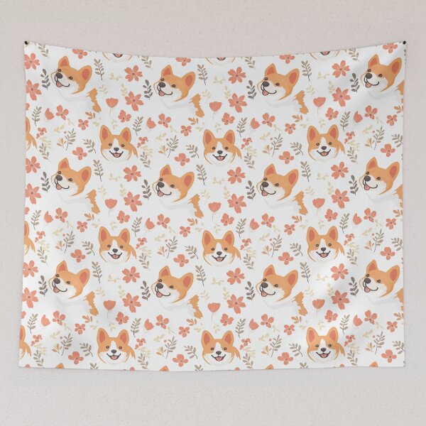 Item preview, Cute Corgi Faces with Flowers on White Background designed and sold by ColorfulStyle.