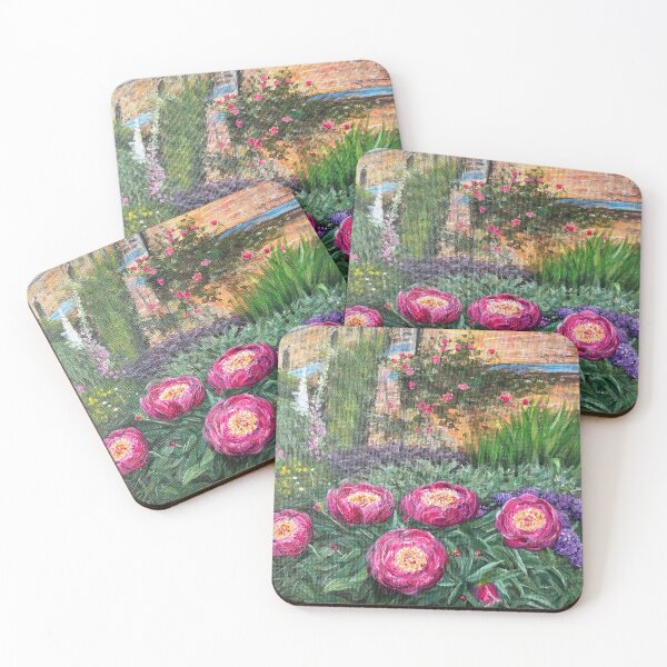 Item preview, Bursting pink peonies in a walled garden  designed and sold by artbyhelenb.