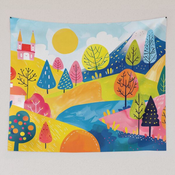 Item preview, Scandinavian landscape with mountains and forest, folk art, folk art, traditional Scandinavian painting designed and sold by NordicArtPrint.