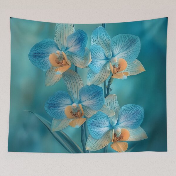 Item preview, Enchanting Jade Tiger Orchids on Blue Background designed and sold by mebraart.