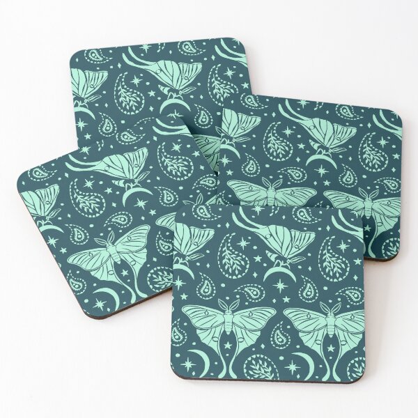 Item preview, Monochrome Teal Luna Moth with Paisley Motifs and Celestial Stars and Crescents Pattern designed and sold by paldronma.