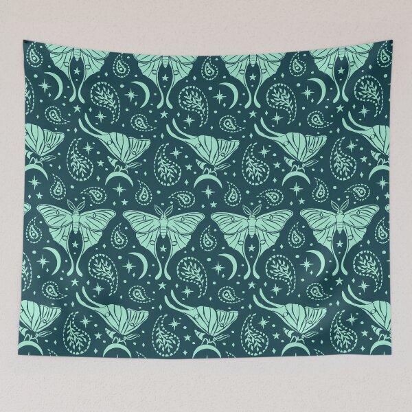 Item preview, Monochrome Teal Luna Moth with Paisley Motifs and Celestial Stars and Crescents Pattern designed and sold by paldronma.