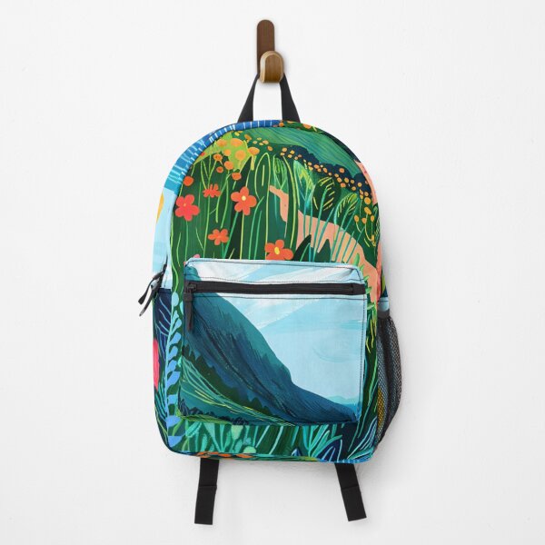 Item preview, Colorful Scandinavian landscape with sea, mountains and flowers in folklore style designed and sold by NordicArtPrint.