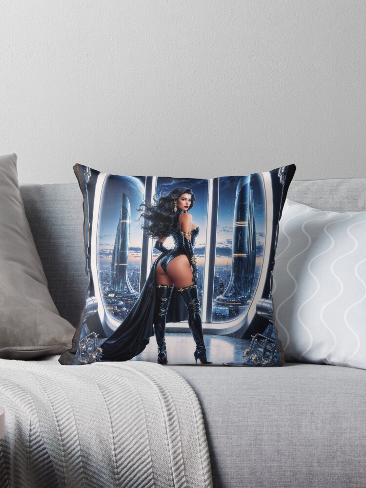 Solara Overlooking The Majestic City Of Alcanaza VII Futuristic Pin-Up AI Concept Art by Xzendor7 - A Beauty Of Tech 4 Solara Overlooking The Majestic City Of Alcanaza VII Futuristic Pin-Up Striking AI Concept Art by Xzendor7 Decorative Art Print Throw Pillow