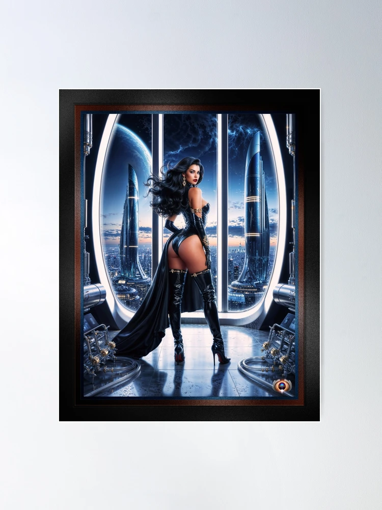 Solara Overlooking The Majestic City Of Alcanaza VII Futuristic Pin-Up AI Concept Art by Xzendor7 - A Beauty Of Tech 2 Solara Overlooking The Majestic City Of Alcanaza VII Futuristic Pin-Up Striking AI Concept Art by Xzendor7 Wall Decor Poster Art Print