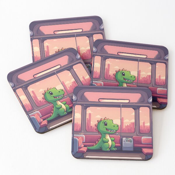 Item preview, Adorable Green Dinosaur Riding the Train at Sunset designed and sold by ArtsyWishesShop.