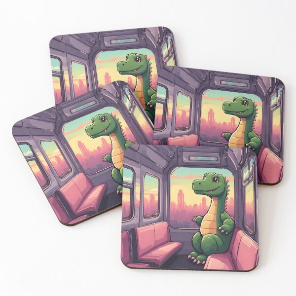 Item preview, Cute Dinosaur Riding the City Train at Sunset designed and sold by ArtsyWishesShop.