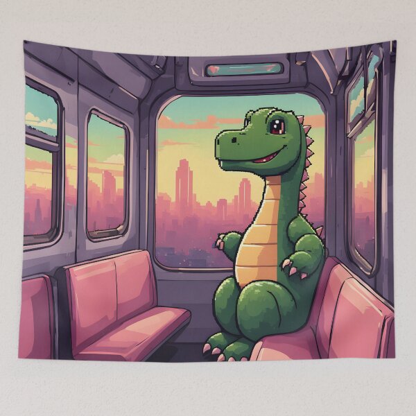 Item preview, Cute Dinosaur Riding the City Train at Sunset designed and sold by ArtsyWishesShop.