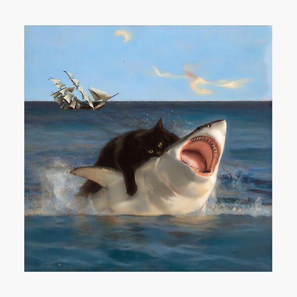 Item preview, Giant cat attacks shark (epic and cool) designed and sold by ThomasKarlowski.