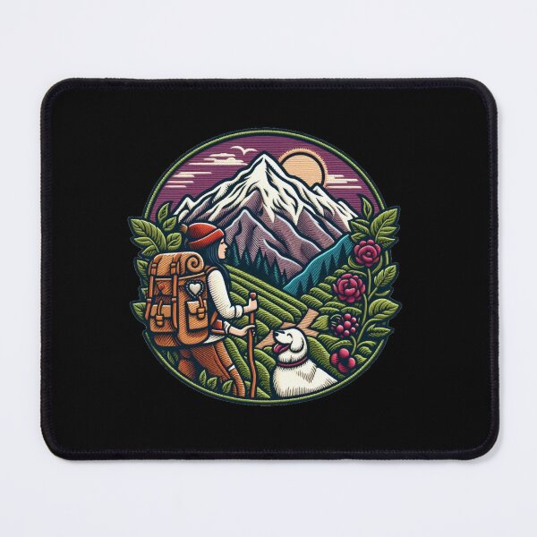 Item preview, A woman hikes through the mountains with her dog by her side. designed and sold by VisualHut.