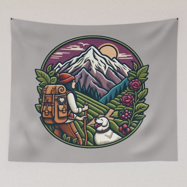 Item preview, A woman hikes through the mountains with her dog by her side. designed and sold by VisualHut.