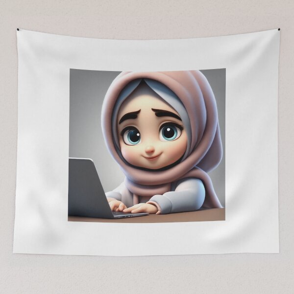 Item preview, Cute Girl in Hijab Working on Laptop Cartoon Vector Icon designed and sold by hjian8219.