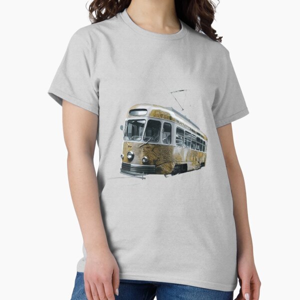 Aperçu de l'œuvre  Tram vintage, principalement dans une palette de couleurs crème et jaune avec des accents métalliques créée et vendue par macadolie.