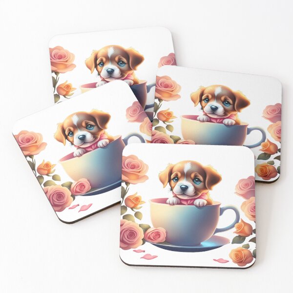 Item preview, A cute puppy is sitting in a cup with a pink ribbon around its neck designed and sold by PWDigitalArt.