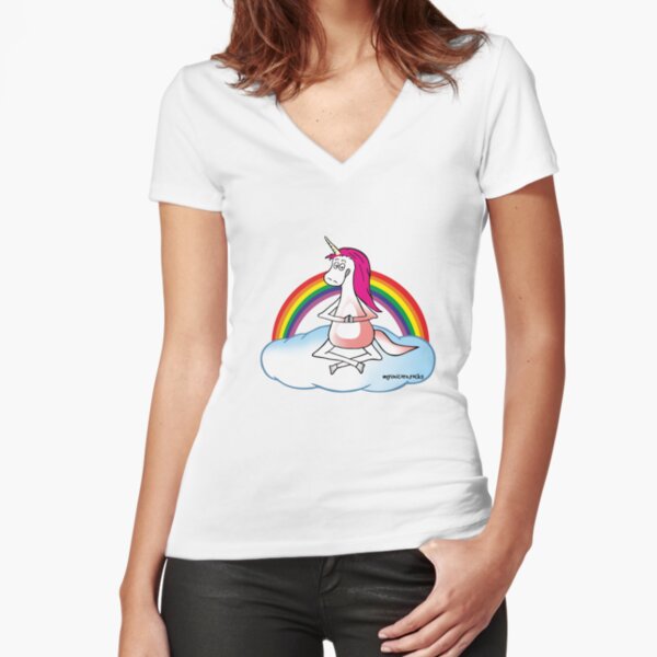 Yoga Einhorn mit Regenbogen Tailliertes T-Shirt mit V-Ausschnitt
