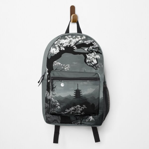 Item preview, Noir Style Japanese Landscape with Cherry Blossoms and Traditional Pagoda - Black and White designed and sold by ArtPompon.