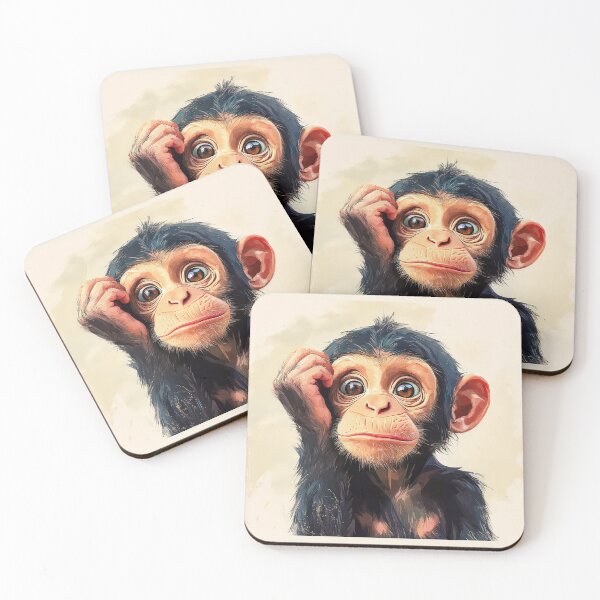 Item preview, Thoughtful baby chimp scratching head with wide, curious eyes. designed and sold by MystiS.