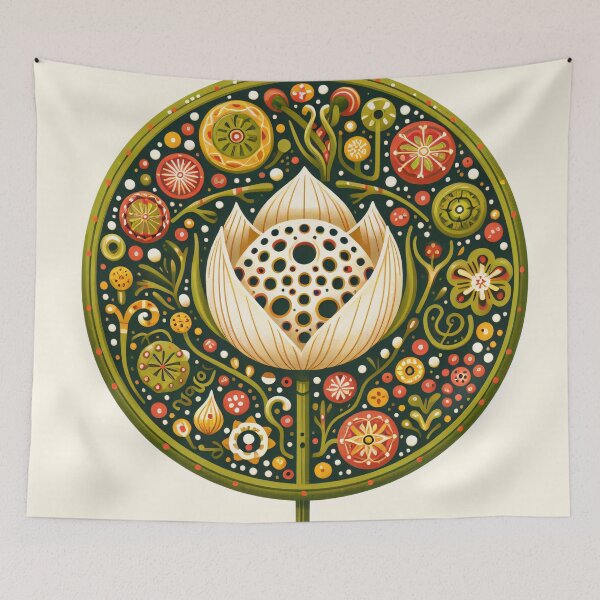Item preview, Whimsical Lotus Seed Pod Illustration - Colourful Botanical Art yellow cream green designed and sold by FOLK ART FUSION.