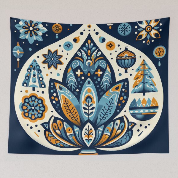 Item preview, Whimsical Lotus Seed Pod Illustration - Colourful Botanical Art blue cream and gold designed and sold by FOLK ART FUSION.