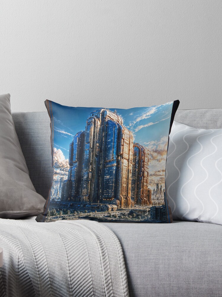 Visionary Urban Landscape Ng Isang Futuristic Copper Metropolis AI Concept Art ni Xzendor7 - Isang Nakamamanghang Cityscape 4 Visionary Urban Landscape Of A Futuristic Copper Metropolis Astounding AI Concept Art by Xzendor7 Decorative Art Print Throw Pillow